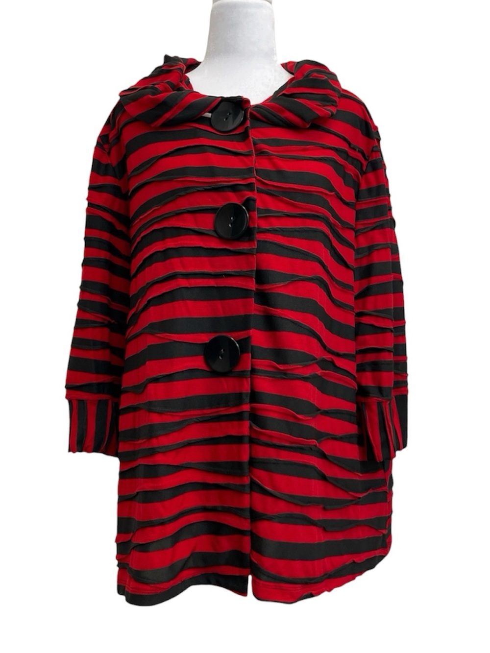 Multiples Black & Red Striped Button Front Shawl Neck Sweater Jacket